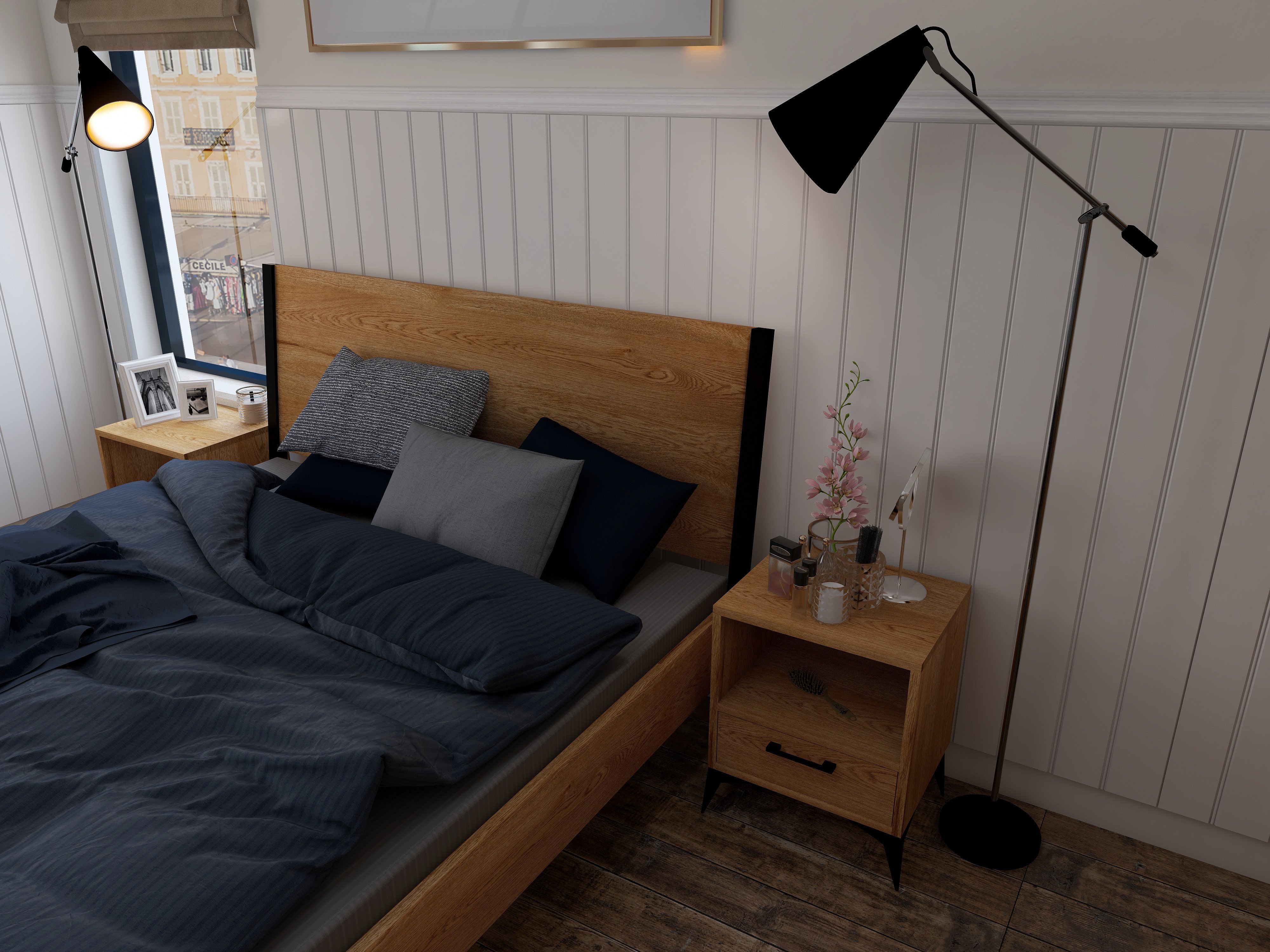 Drewniane łóżko z zagiętym zagłówkiem